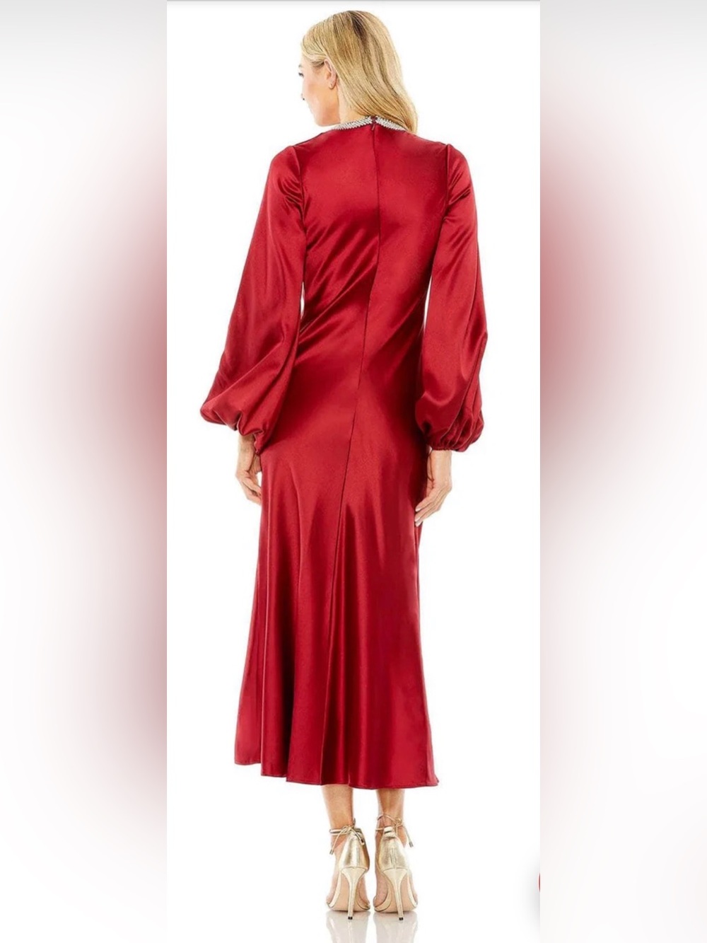 Mac Duggal Red High Neck Long Sleeve Crystal Detail Dress - Picture 2 of 3